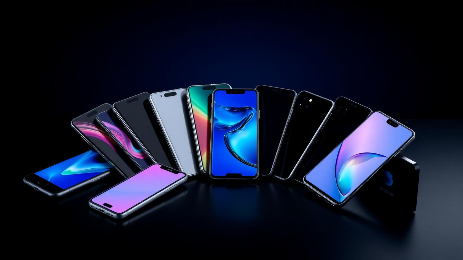 A fan of modern iPhone and Samsung Galaxy flagship phones on a dark reflective surface